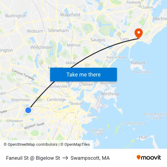Faneuil St @ Bigelow St to Swampscott, MA map
