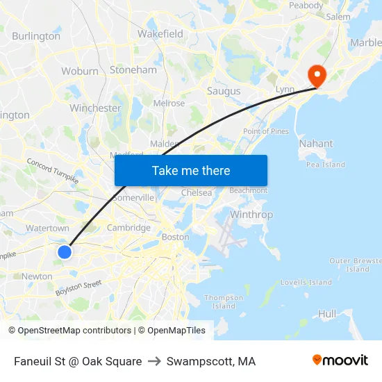 Faneuil St @ Oak Square to Swampscott, MA map