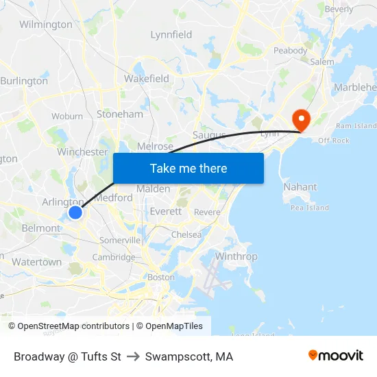 Broadway @ Tufts St to Swampscott, MA map