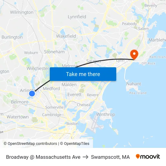Broadway @ Massachusetts Ave to Swampscott, MA map