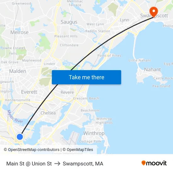 Main St @ Union St to Swampscott, MA map