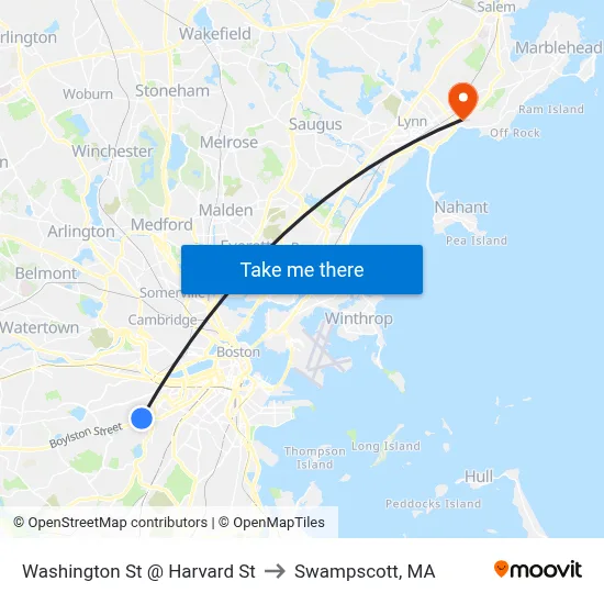 Washington St @ Harvard St to Swampscott, MA map