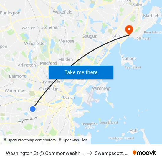 Washington St @ Commonwealth Ave to Swampscott, MA map