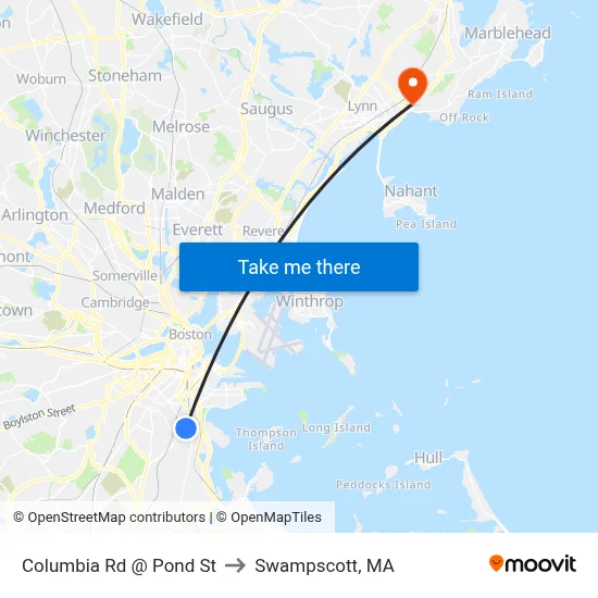 Columbia Rd @ Pond St to Swampscott, MA map