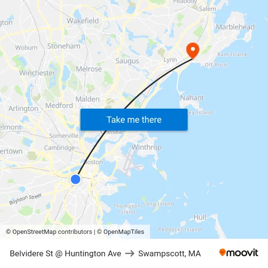 Belvidere St @ Huntington Ave to Swampscott, MA map
