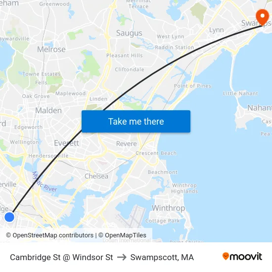 Cambridge St @ Windsor St to Swampscott, MA map