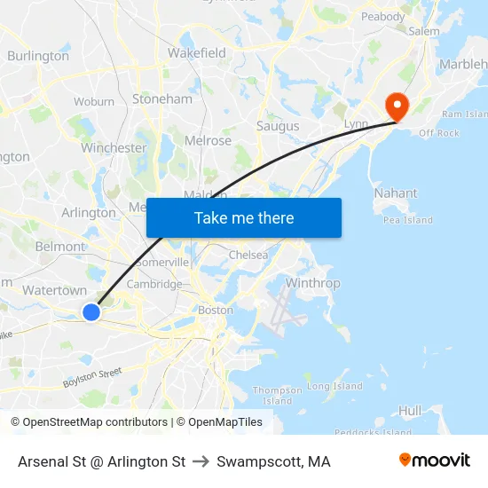 Arsenal St @ Arlington St to Swampscott, MA map
