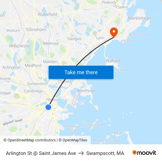 Arlington St @ Saint James Ave to Swampscott, MA map
