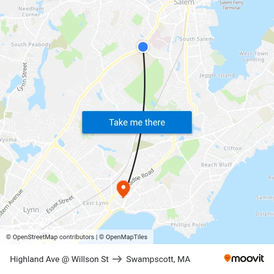 Highland Ave @ Willson St to Swampscott, MA map
