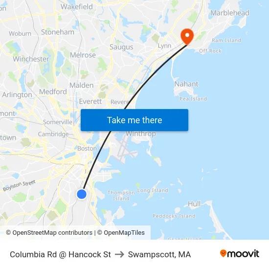 Columbia Rd @ Hancock St to Swampscott, MA map