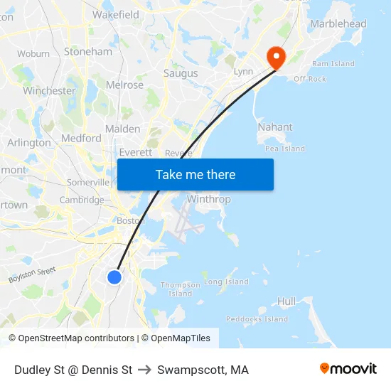 Dudley St @ Dennis St to Swampscott, MA map