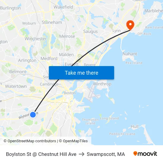 Boylston St @ Chestnut Hill Ave to Swampscott, MA map