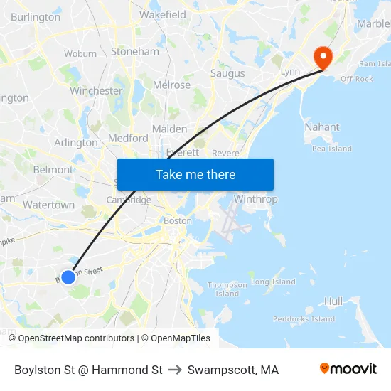 Boylston St @ Hammond St to Swampscott, MA map