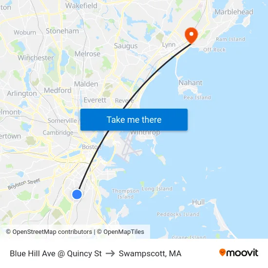 Blue Hill Ave @ Quincy St to Swampscott, MA map