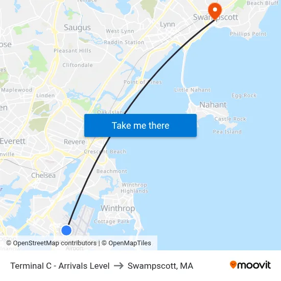 Terminal C - Arrivals Level to Swampscott, MA map
