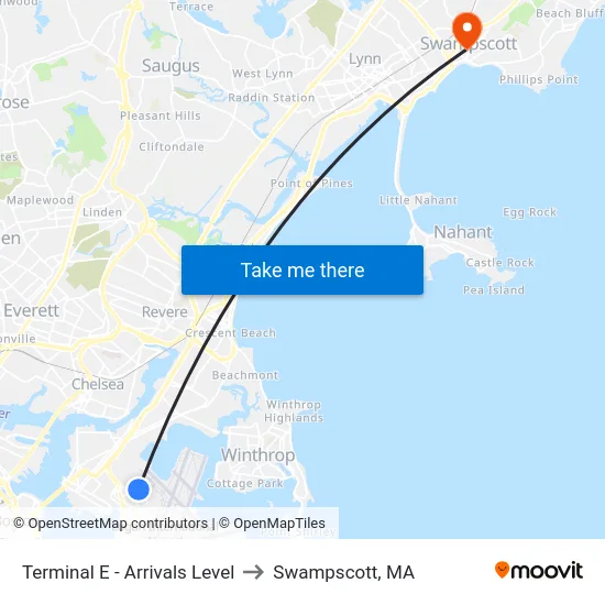 Terminal E - Arrivals Level to Swampscott, MA map