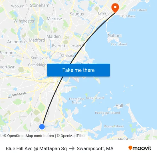 Blue Hill Ave @ Mattapan Sq to Swampscott, MA map