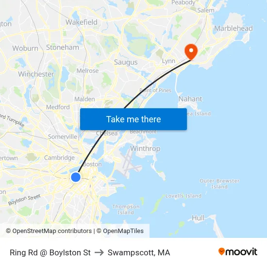 Ring Rd @ Boylston St to Swampscott, MA map