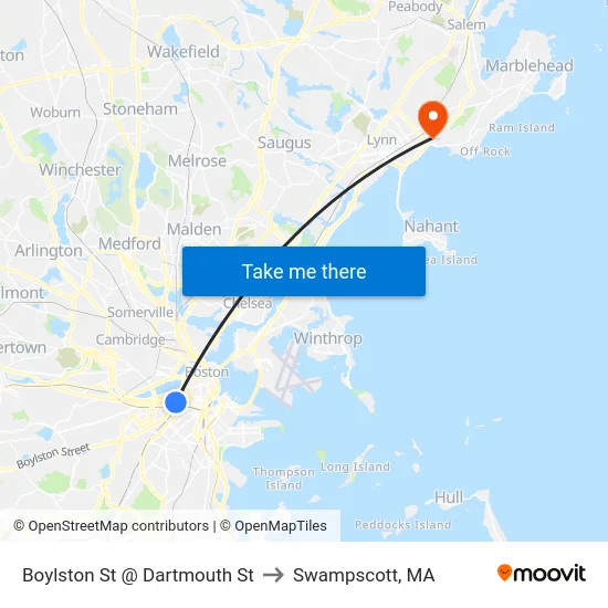 Boylston St @ Dartmouth St to Swampscott, MA map