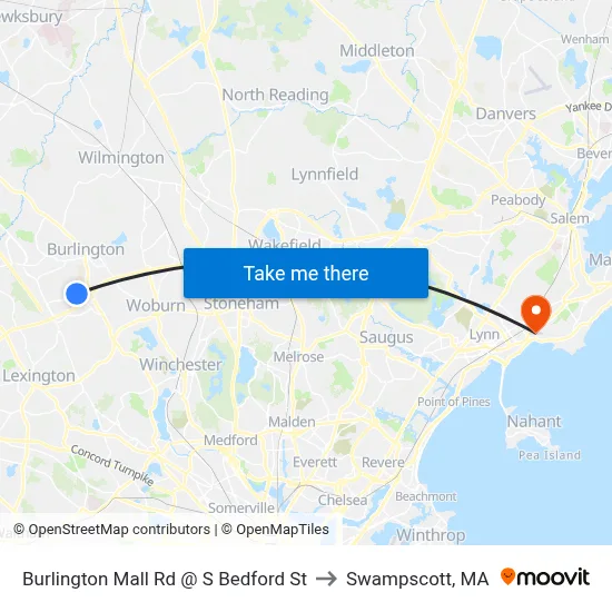Burlington Mall Rd @ S Bedford St to Swampscott, MA map