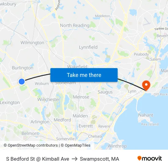 S Bedford St @ Kimball Ave to Swampscott, MA map