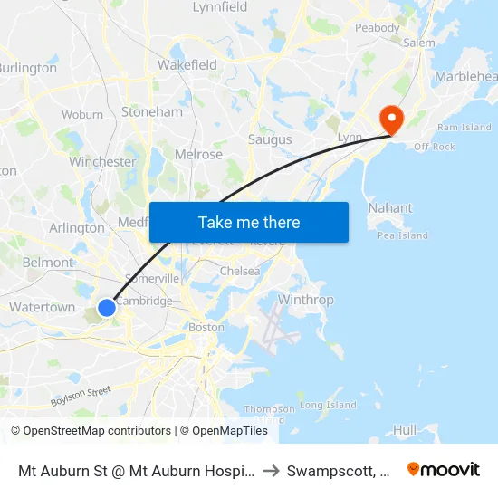 Mt Auburn St @ Mt Auburn Hospital to Swampscott, MA map