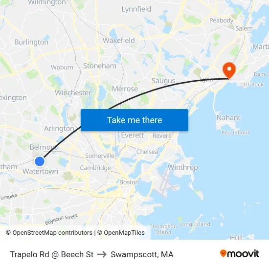 Trapelo Rd @ Beech St to Swampscott, MA map