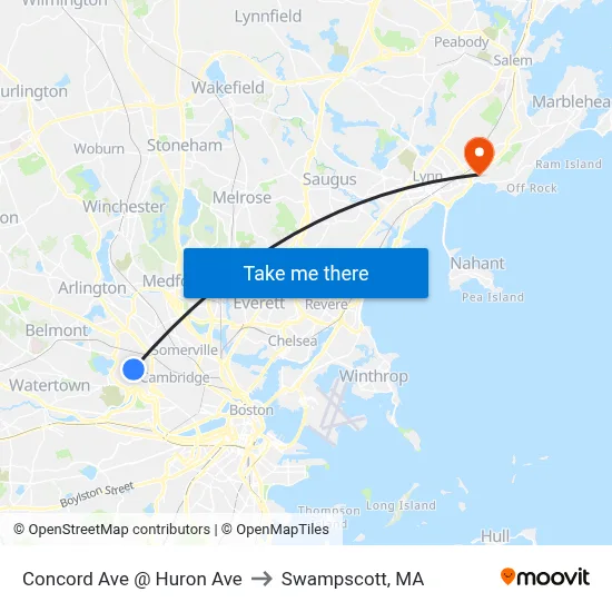Concord Ave @ Huron Ave to Swampscott, MA map
