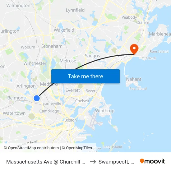 Massachusetts Ave @ Churchill Ave to Swampscott, MA map