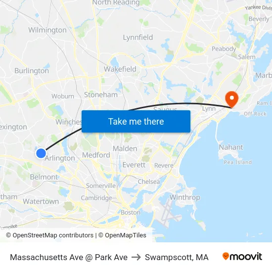Massachusetts Ave @ Park Ave to Swampscott, MA map
