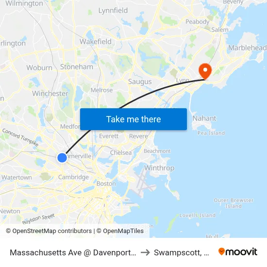Massachusetts Ave @ Davenport St to Swampscott, MA map