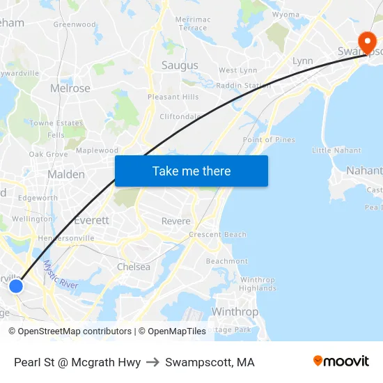 Pearl St @ Mcgrath Hwy to Swampscott, MA map