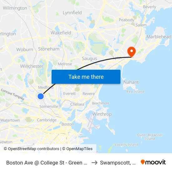 Boston Ave @ College St - Green Line to Swampscott, MA map