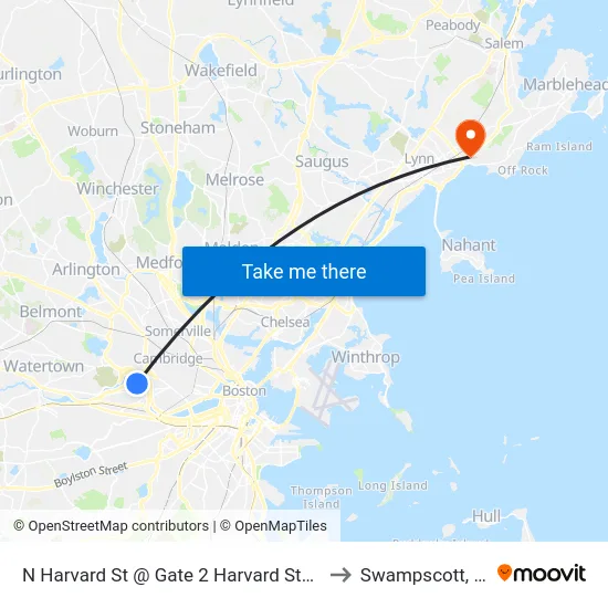N Harvard St @ Gate 2 Harvard Stadium to Swampscott, MA map