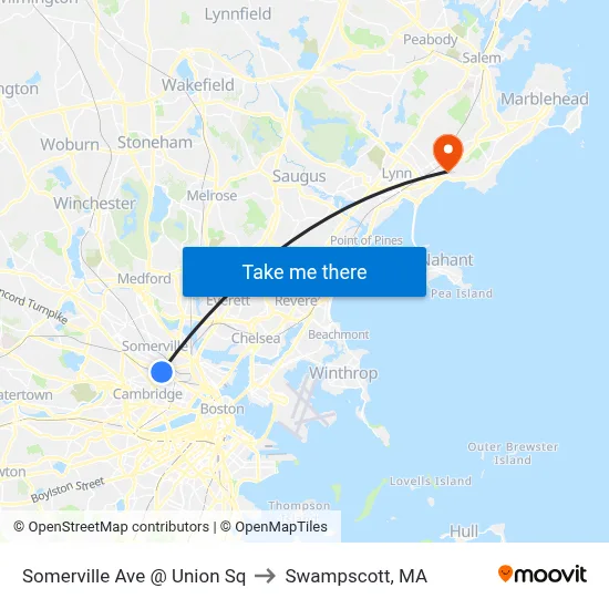 Somerville Ave @ Union Sq to Swampscott, MA map