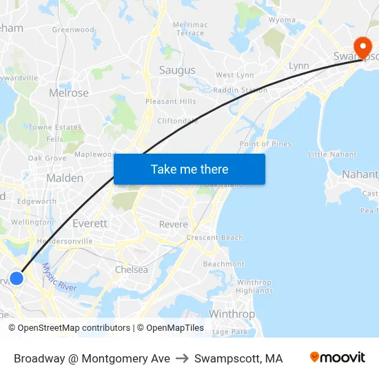 Broadway @ Montgomery Ave to Swampscott, MA map