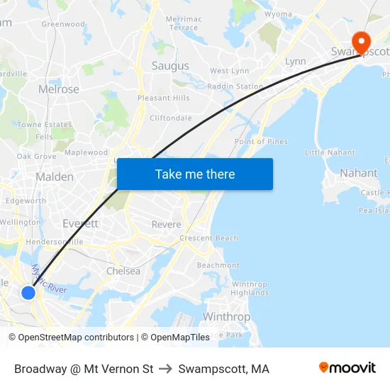 Broadway @ Mt Vernon St to Swampscott, MA map