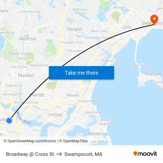 Broadway @ Cross St to Swampscott, MA map