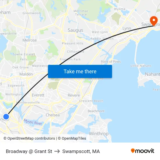 Broadway @ Grant St to Swampscott, MA map