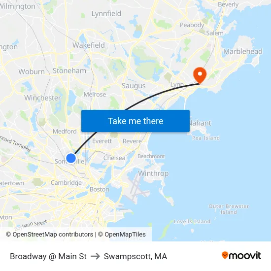 Broadway @ Main St to Swampscott, MA map