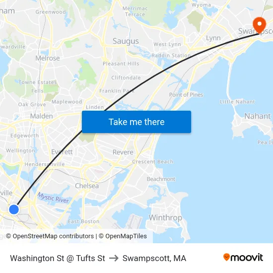 Washington St @ Tufts St to Swampscott, MA map