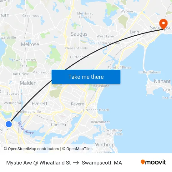 Mystic Ave @ Wheatland St to Swampscott, MA map