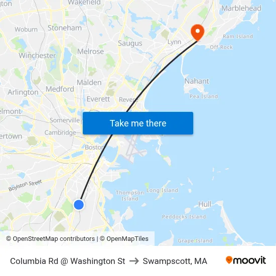 Columbia Rd @ Washington St to Swampscott, MA map