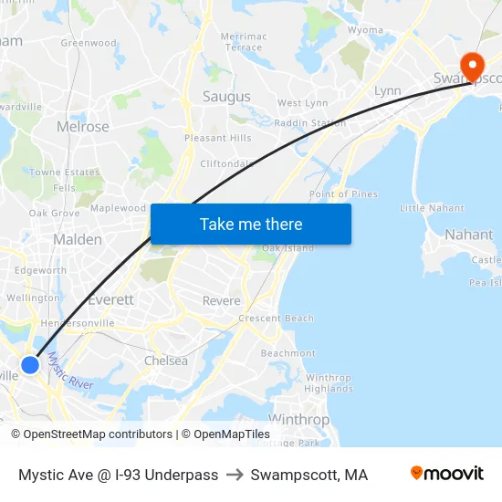 Mystic Ave @ I-93 Underpass to Swampscott, MA map