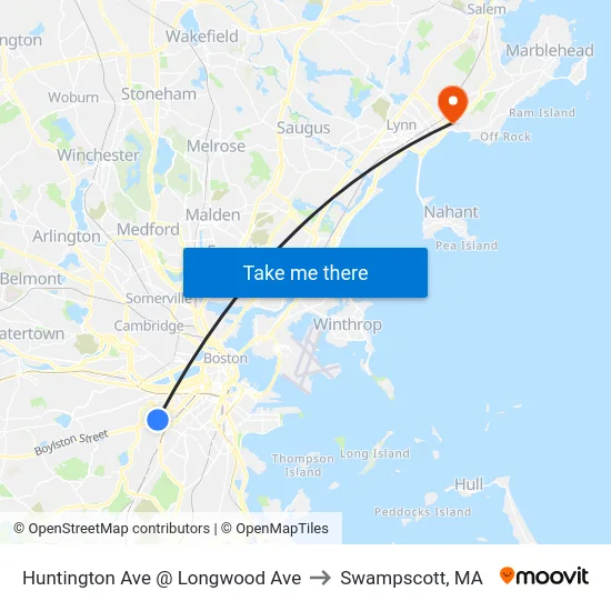 Huntington Ave @ Longwood Ave to Swampscott, MA map