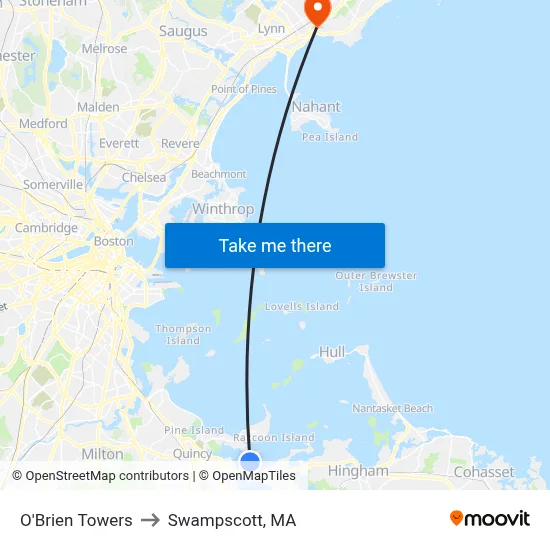 O'Brien Towers to Swampscott, MA map