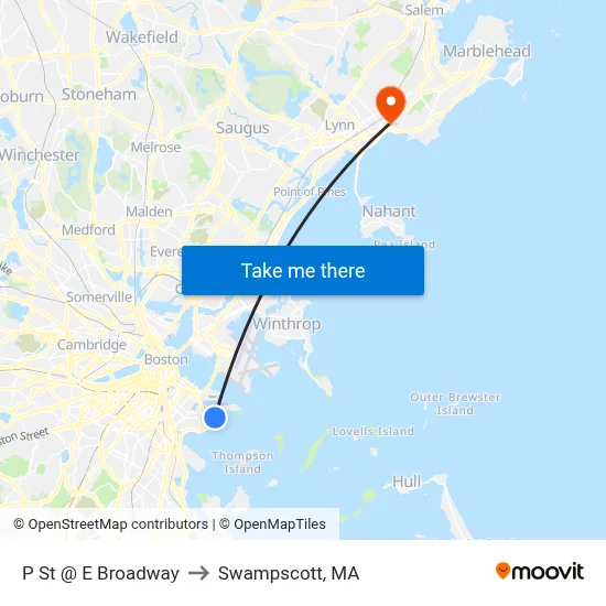 P St @ E Broadway to Swampscott, MA map