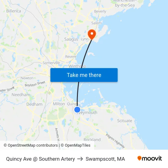Quincy Ave @ Southern Artery to Swampscott, MA map