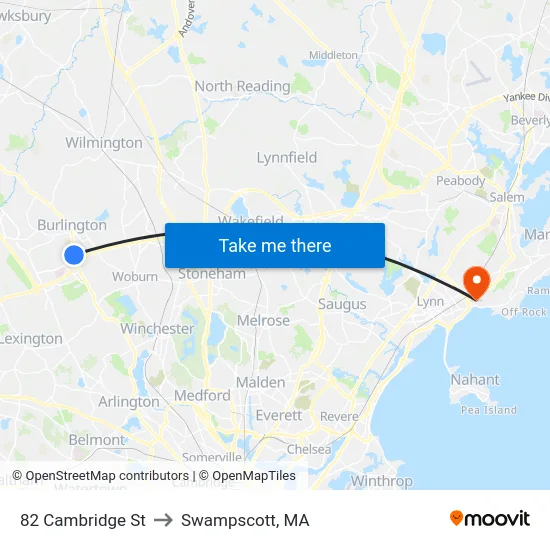 82 Cambridge St to Swampscott, MA map