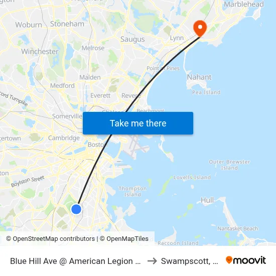 Blue Hill Ave @ American Legion Hwy to Swampscott, MA map